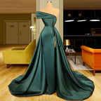 Long Dark Green Satin Prom Dresses Elegant Split Evening Gowns by misshow.com