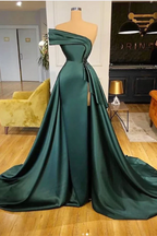 Long Dark Green Satin Prom Dresses Elegant Split Evening Gowns (ZD04674)