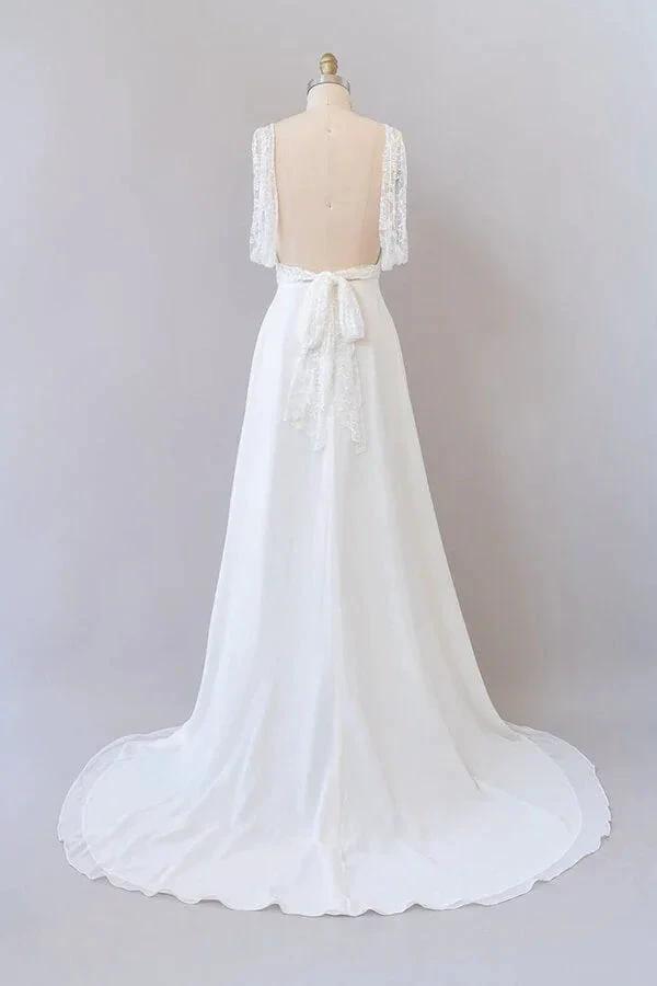 Long Empire A-line V-neck Lace Chiffon Open Back Wedding Dress by BIZTUNNEL