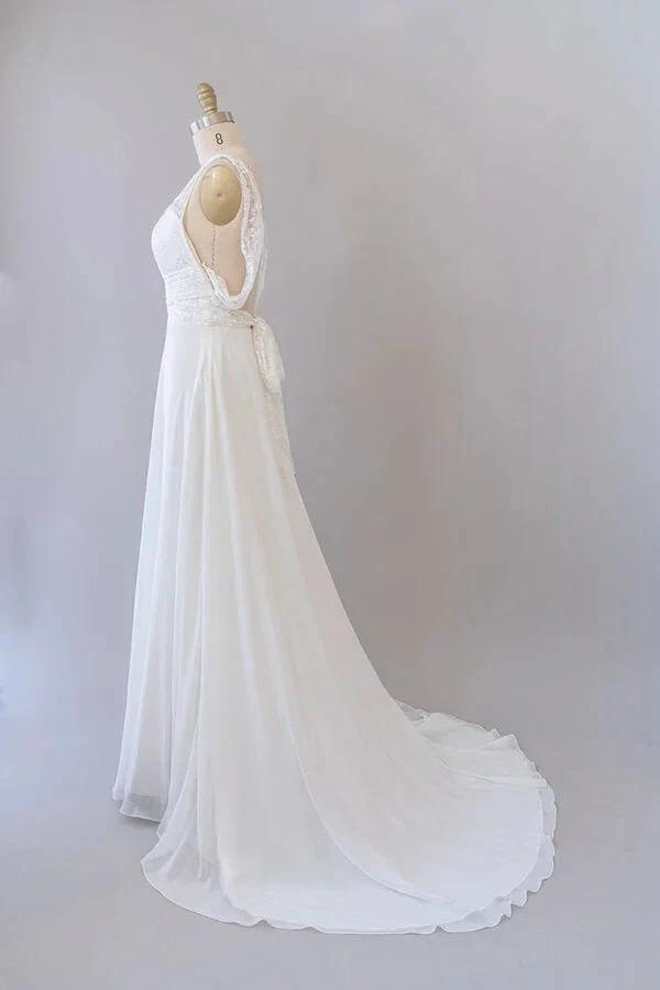 Long Empire A-line V-neck Lace Chiffon Open Back Wedding Dress by BIZTUNNEL