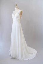 Long Empire A-line V-neck Lace Chiffon Open Back Wedding Dress by BIZTUNNEL