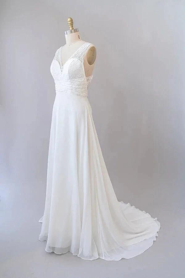 Long Empire A-line V-neck Lace Chiffon Open Back Wedding Dress by BIZTUNNEL