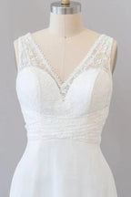 Long Empire A-line V-neck Lace Chiffon Open Back Wedding Dress by BIZTUNNEL