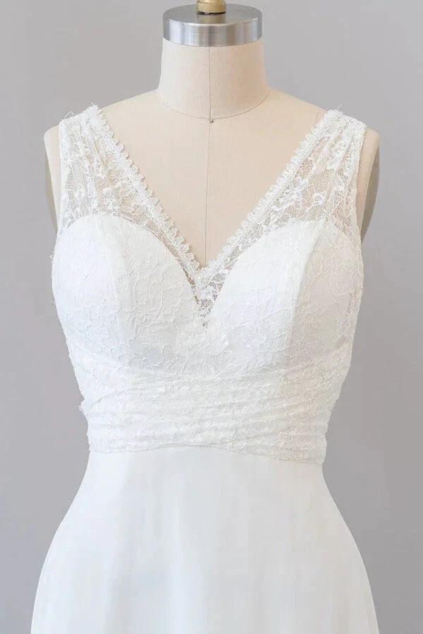 Long Empire A-line V-neck Lace Chiffon Open Back Wedding Dress by BIZTUNNEL