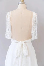 Long Empire A-line V-neck Lace Chiffon Open Back Wedding Dress by BIZTUNNEL