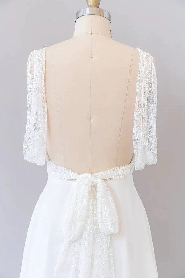 Long Empire A-line V-neck Lace Chiffon Open Back Wedding Dress by BIZTUNNEL