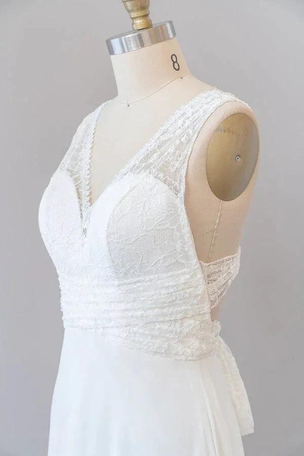 Long Empire A-line V-neck Lace Chiffon Open Back Wedding Dress by BIZTUNNEL