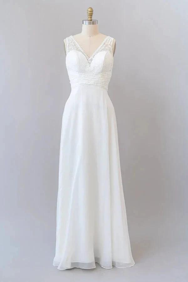 Long Empire A-line V-neck Lace Chiffon Open Back Wedding Dress by BIZTUNNEL
