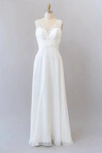 Long Empire A-line V-neck Lace Chiffon Open Back Wedding Dress by BIZTUNNEL