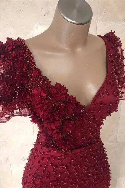 Long Evening dress burgundy with sleeves by misshow.com