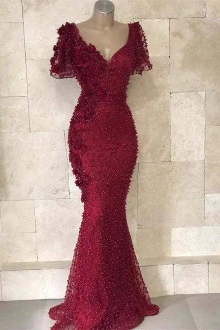 Long Evening dress burgundy with sleeves by misshow.com