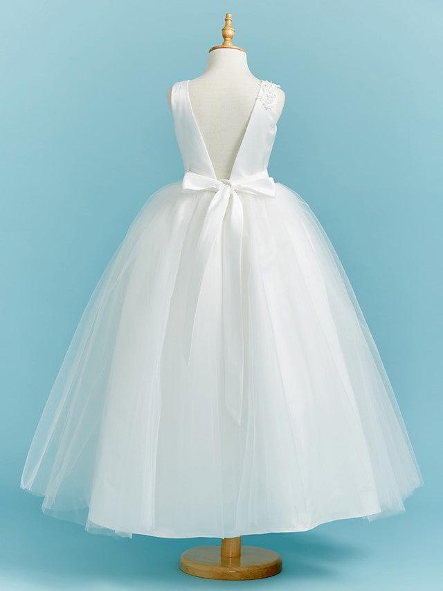 Long Flower Girl Dresses Ball Gown Crew Neck Lace Tulle Junior Bridesmaid Dress - photo 2