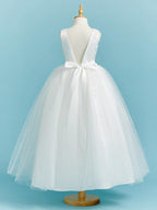 Long Flower Girl Dresses Ball Gown Crew Neck Lace Tulle Junior Bridesmaid Dress - photo 2