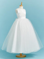 Long Flower Girl Dresses Ball Gown Crew Neck Lace Tulle Junior Bridesmaid Dress - photo 3