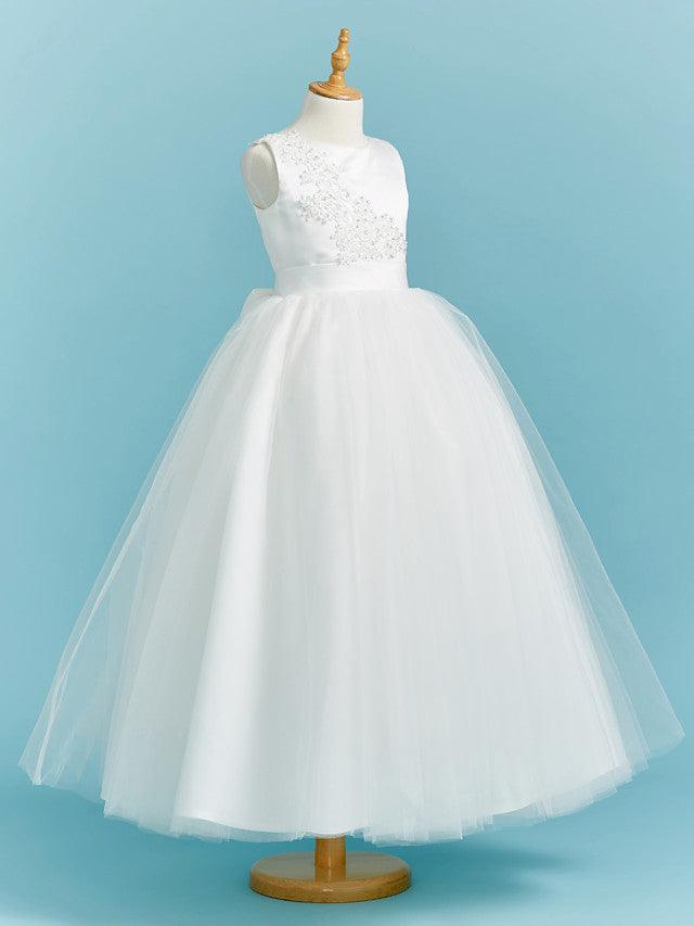 Long Flower Girl Dresses Ball Gown Crew Neck Lace Tulle Junior Bridesmaid Dress - photo 3
