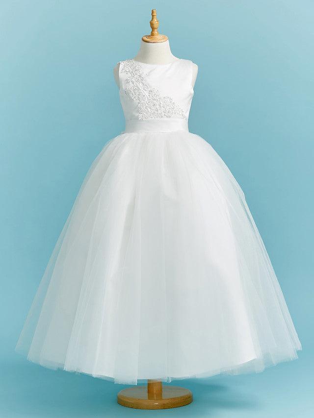 Long Flower Girl Dresses Ball Gown Crew Neck Lace Tulle Junior Bridesmaid Dress - photo 1