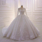 Long High neck Appliques Lace Ball Gown Wedding Dress with Sleeves by BIZTUNNEL