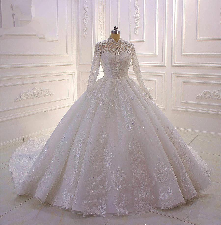 Long High neck Appliques Lace Ball Gown Wedding Dress with Sleeves by BIZTUNNEL