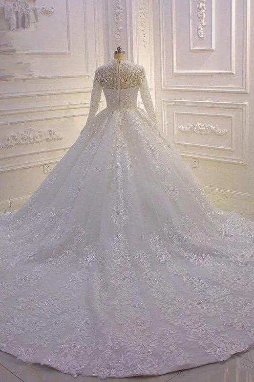Long High neck Appliques Lace Ball Gown Wedding Dress with Sleeves by BIZTUNNEL