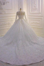 Long High neck Appliques Lace Ball Gown Wedding Dress with Sleeves by BIZTUNNEL