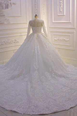 Vestido de novia largo de cuello alto con apliques de encaje y mangas