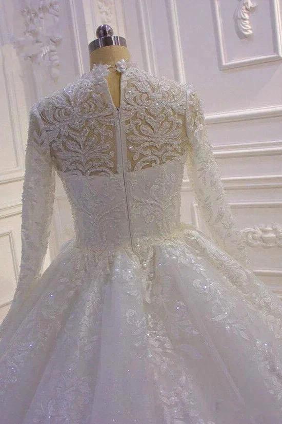 Long High neck Appliques Lace Ball Gown Wedding Dress with Sleeves by BIZTUNNEL