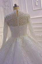 Long High neck Appliques Lace Ball Gown Wedding Dress with Sleeves by BIZTUNNEL
