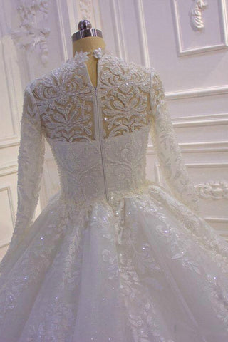 Vestido de novia largo de cuello alto con apliques de encaje y mangas