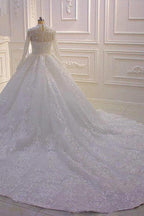Long High neck Appliques Lace Ball Gown Wedding Dress with Sleeves by BIZTUNNEL