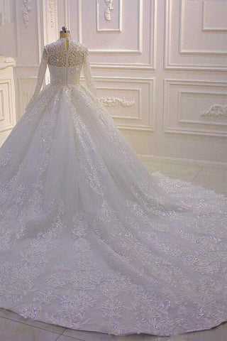 Vestido de novia largo de cuello alto con apliques de encaje y mangas