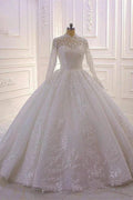 Long High neck Appliques Lace Ball Gown Wedding Dress with Sleeves by BIZTUNNEL