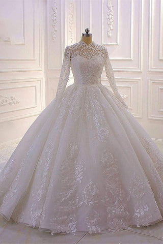 Vestido de novia largo de cuello alto con apliques de encaje y mangas