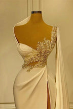 Long Mermaid Asymmetrical Ruffles Beading Satin Prom Dress With High Slit by BIZTUNNEL