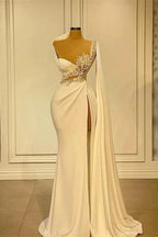 Long Mermaid Asymmetrical Ruffles Beading Satin Prom Dress With High Slit by BIZTUNNEL
