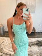 Long Mermaid Backless Lace Prom Dress Mint Green Backless Formal Evening Gowns by BIZTUNNEL