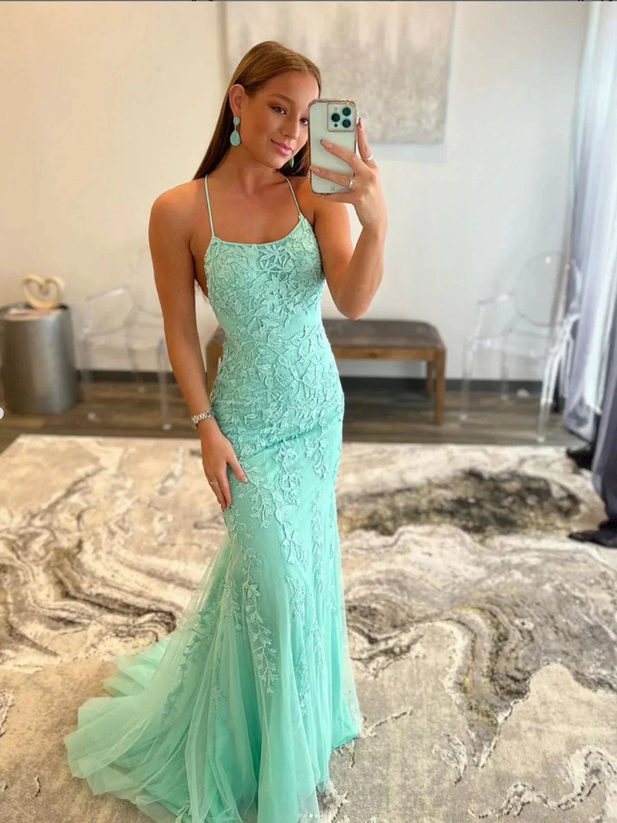 Long Mermaid Backless Lace Prom Dress Mint Green Backless Formal Evening Gowns by BIZTUNNEL