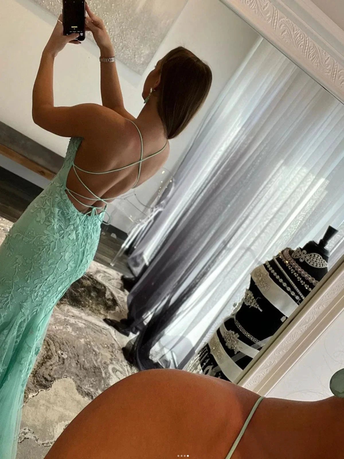 Long Mermaid Backless Lace Prom Dress Mint Green Backless Formal Evening Gowns by BIZTUNNEL