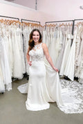 Long Mermaid Bateau Appliques Lace Wedding Dress With Detachable Train by BIZTUNNEL