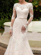 Long Mermaid Bateau Neck Sweep Brush Train Lace Wedding Dresses with Sleeves by BIZTUNNEL