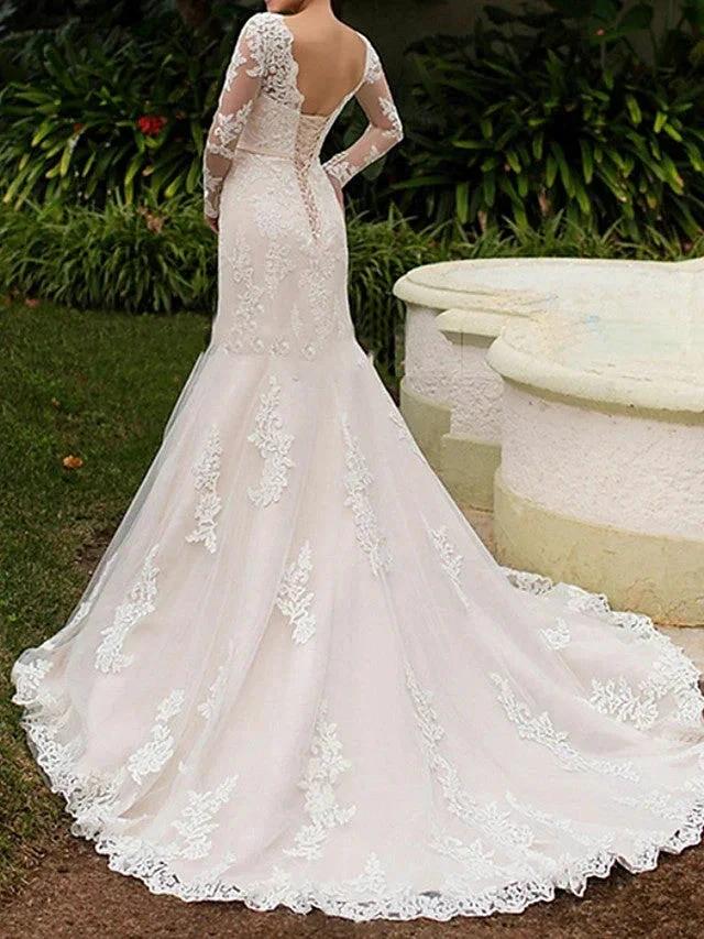 Long Mermaid Bateau Neck Sweep Brush Train Lace Wedding Dresses with Sleeves by BIZTUNNEL