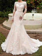 Long Mermaid Bateau Neck Sweep Brush Train Lace Wedding Dresses with Sleeves by BIZTUNNEL