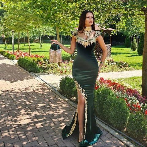 Long Mermaid Dark Green Evening Dresses with Gold Lace appliques