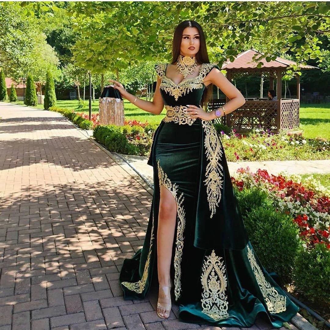 Long Mermaid Dark Green Evening Dresses with Gold Lace appliques by BIZTUNNEL