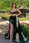 Long Mermaid Dark Green Evening Dresses with Gold Lace appliques by BIZTUNNEL