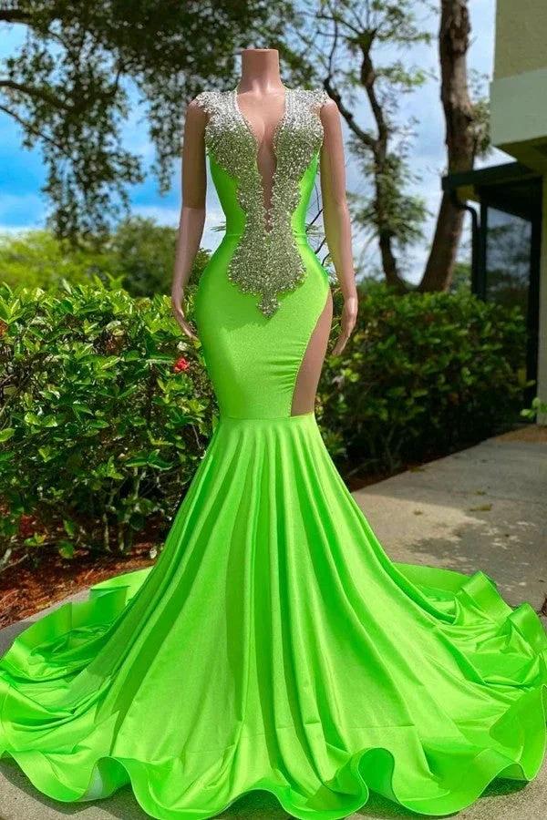 Long Mermaid Deep Sequined V-neck Stretch Satin Backless Prom Dress with Appliques by BIZTUNNEL
