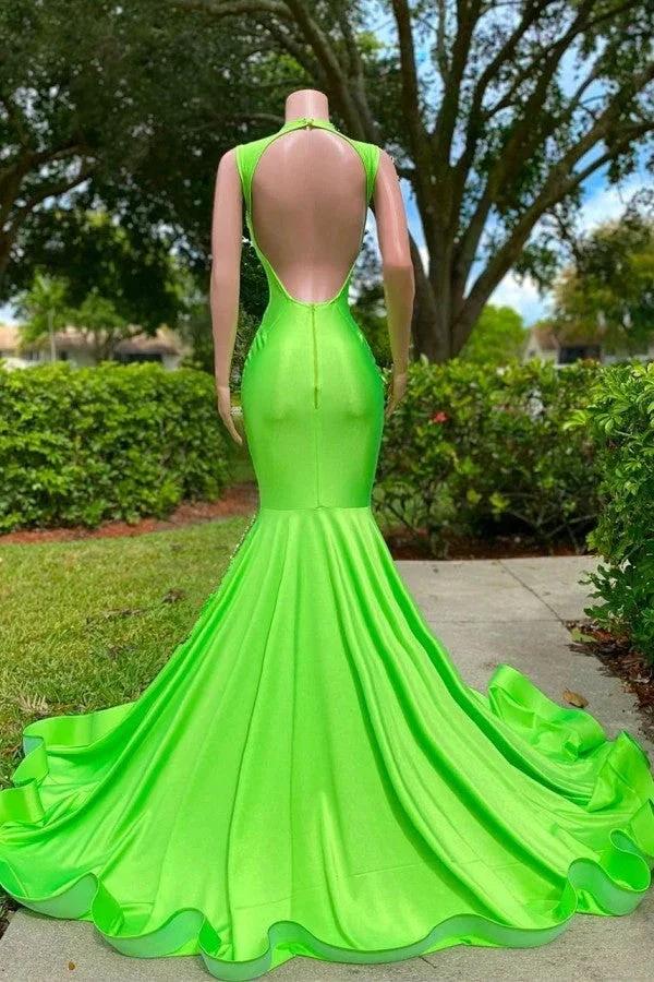 Long Mermaid Deep Sequined V-neck Stretch Satin Backless Prom Dress with Appliques by BIZTUNNEL