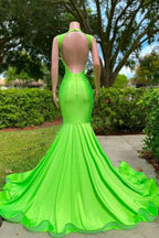 Long Mermaid Deep Sequined V-neck Stretch Satin Backless Prom Dress with Appliques by BIZTUNNEL