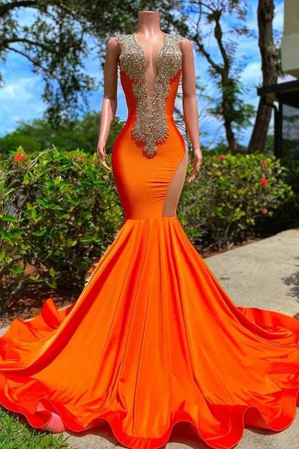 Long Mermaid Deep Sequined V-neck Stretch Satin Backless Prom Dress with Appliques by BIZTUNNEL