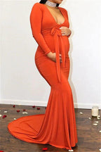 Long Mermaid Deep V-neck Pregnant Formal Evening Dress with Sleeves by BIZTUNNEL