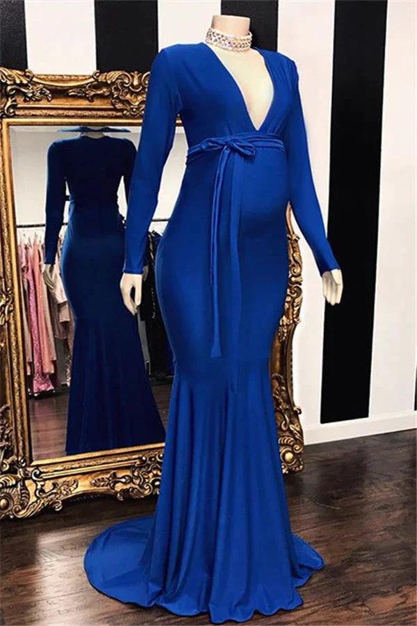 Long Mermaid Deep V-neck Pregnant Formal Evening Dress with Sleeves by BIZTUNNEL